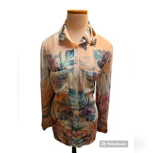 Retro Guess floral beaded collar button down blouse